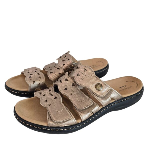 Clarks Collection Womens Comfort Casual Sandals Sz 9 Metallic Leather Adjustable - Picture 2 of 10